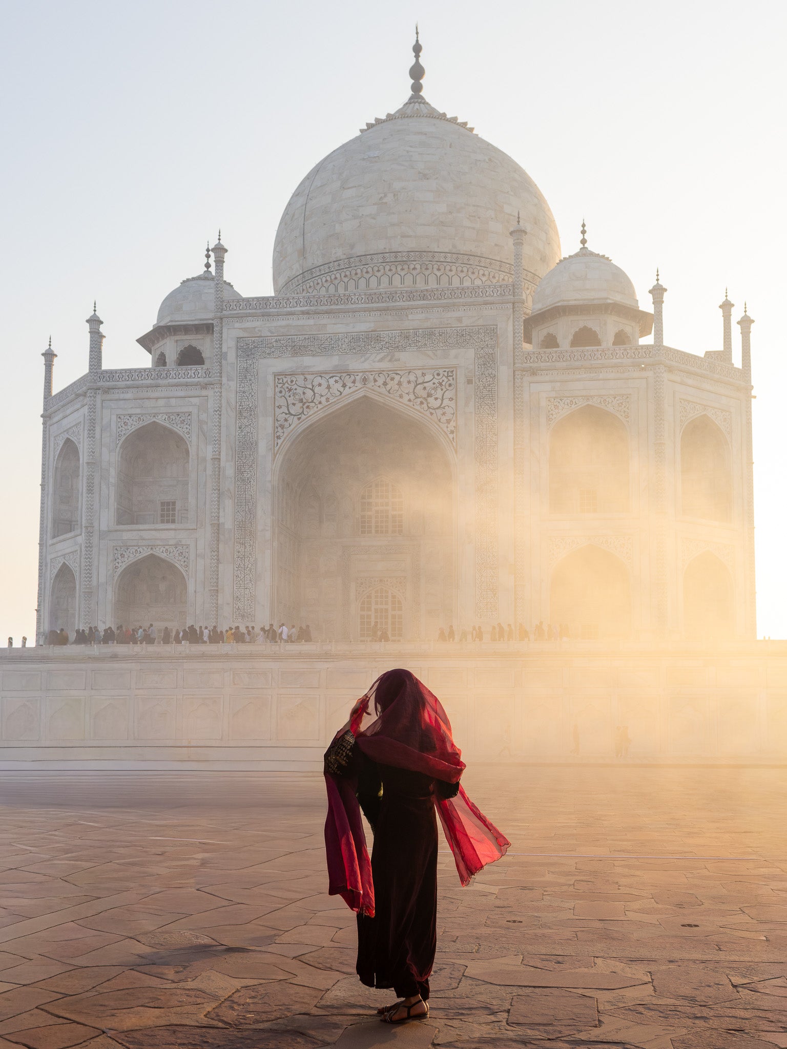 Taj Mahal, woman in red